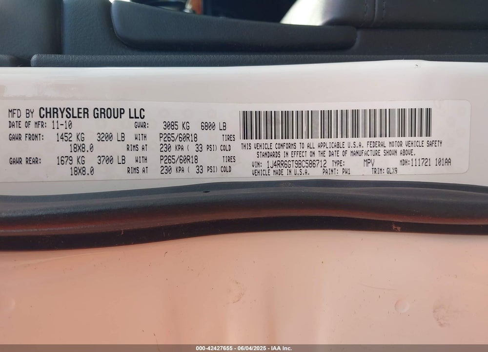 2011 JEEP GRAND CHEROKEE VIN: 1J4RR6GT9BC586712