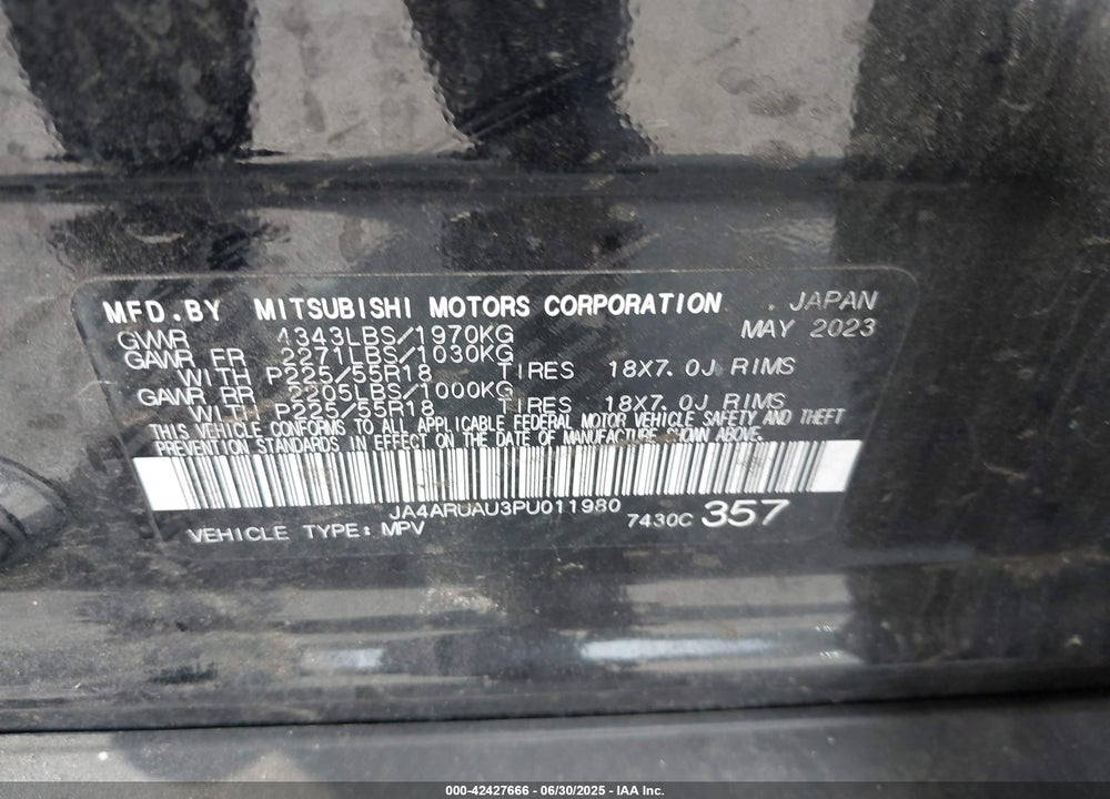 2023 MITSUBISHI OUTLANDER SPORT 2.0 ES AWC VIN: JA4ARUAU3PU011980