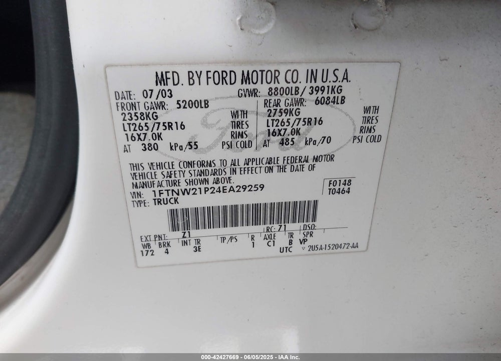 2004 FORD F-250 VIN: 1FTNW21P24EA29259