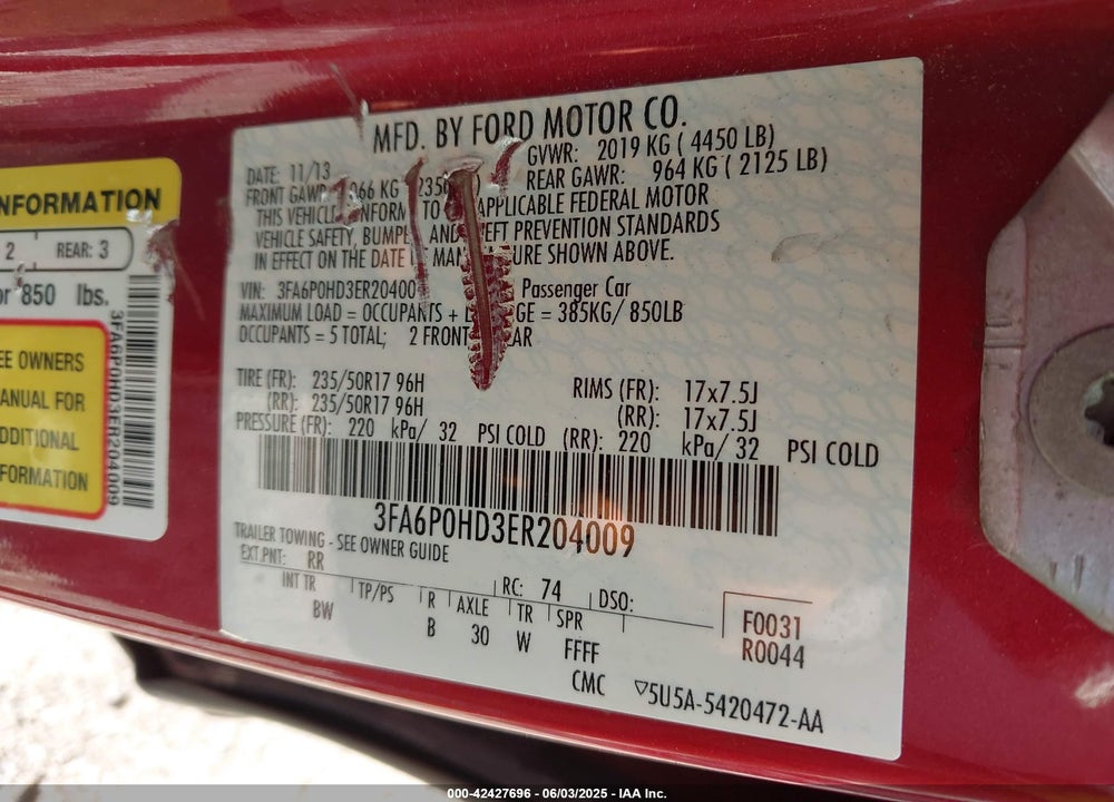 2014 FORD FUSION SE VIN: 3FA6P0HD3ER204009