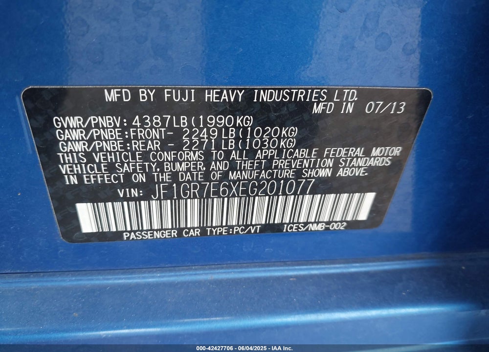 2014 SUBARU IMPREZA VIN: JF1GR7E6XEG201077