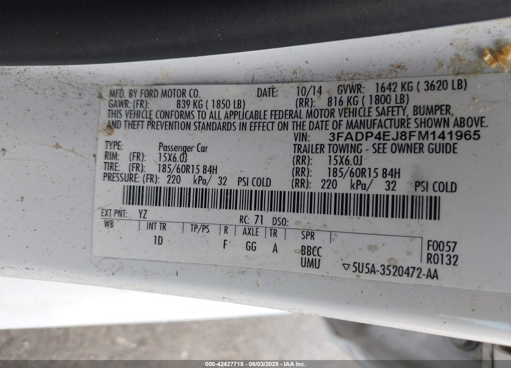 2015 FORD FIESTA SE VIN: 3FADP4EJ8FM141965