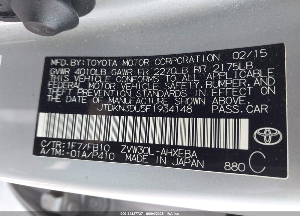 2015 TOYOTA PRIUS TWO VIN: JTDKN3DU5F1934148