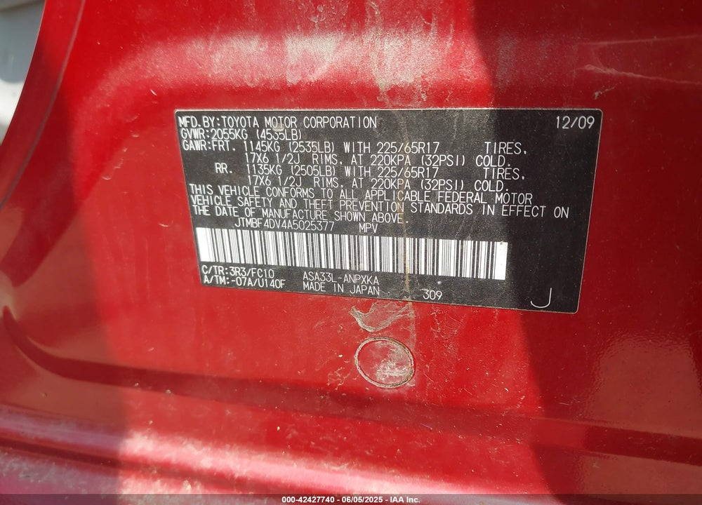 2010 TOYOTA RAV4 VIN: JTMBF4DV4A5025377