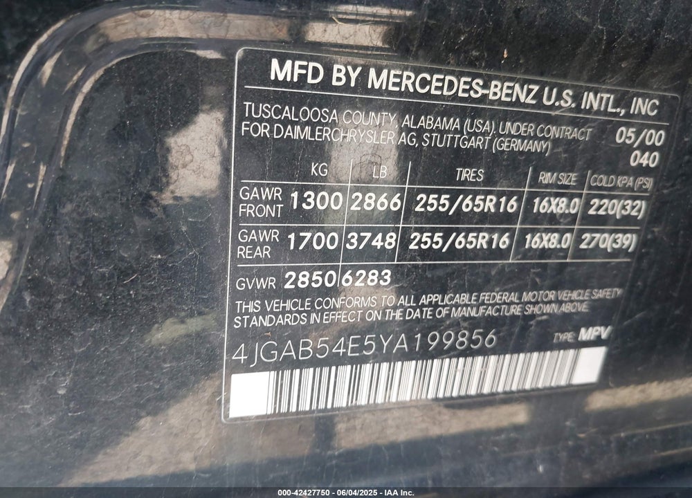 2000 MERCEDES-BENZ ML 320 VIN: 4JGAB54E5YA199856