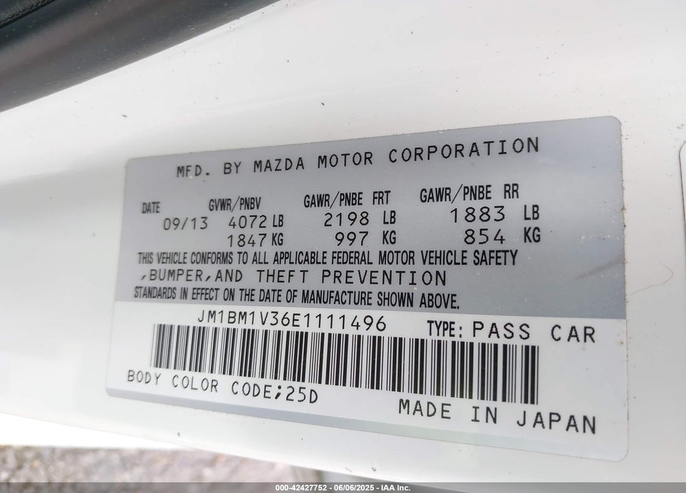2014 MAZDA 3 VIN: JM1BM1V36E1111496