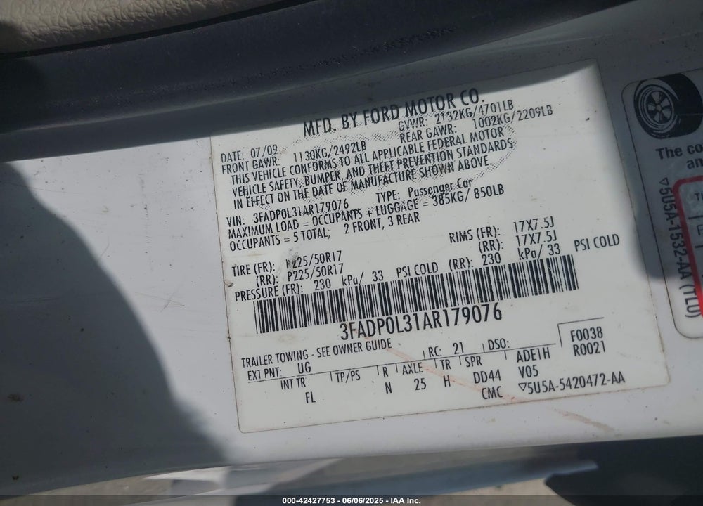 2010 FORD FUSION HYBRID VIN: 3FADP0L31AR179076