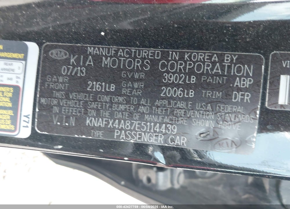 2014 KIA FORTE VIN: KNAFX4A87E5114439