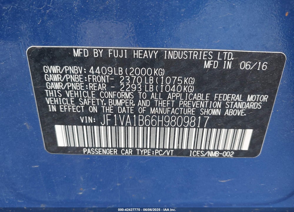2017 SUBARU WRX VIN: JF1VA1B66H9809817