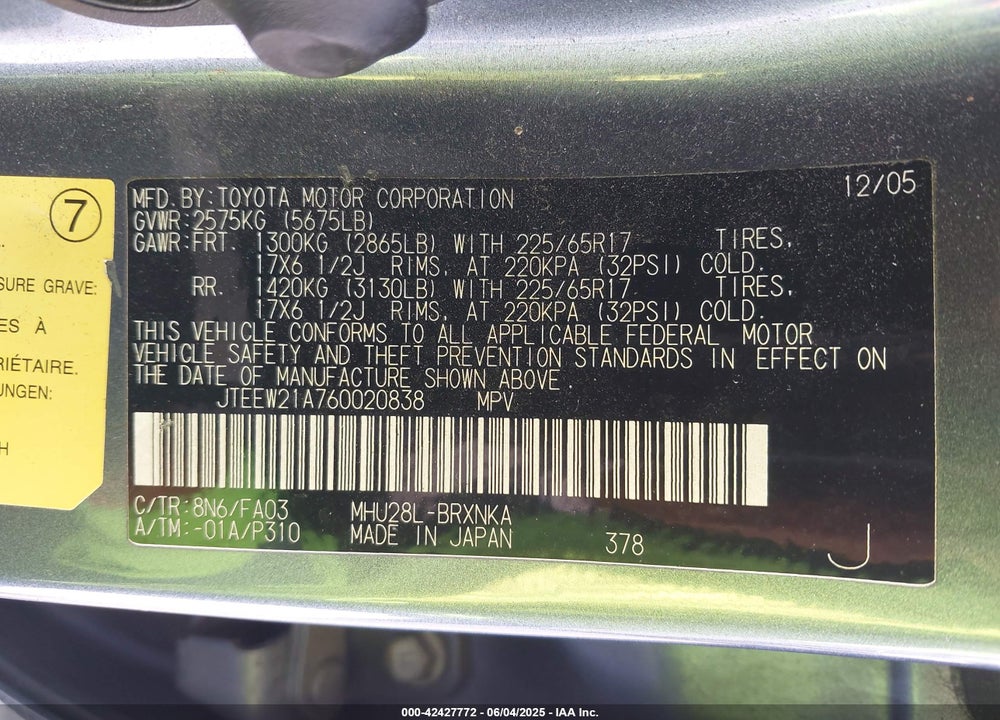 2006 TOYOTA HIGHLANDER HYBRID V6 VIN: JTEEW21A760020838