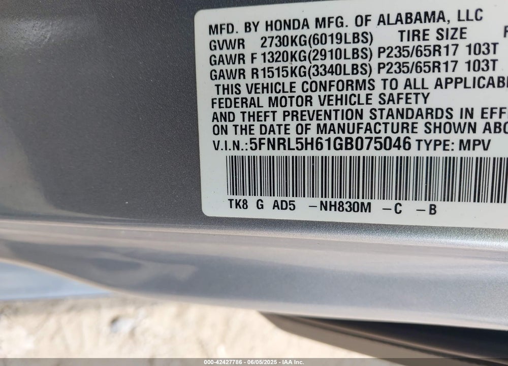 2016 HONDA ODYSSEY EX-L VIN: 5FNRL5H61GB075046