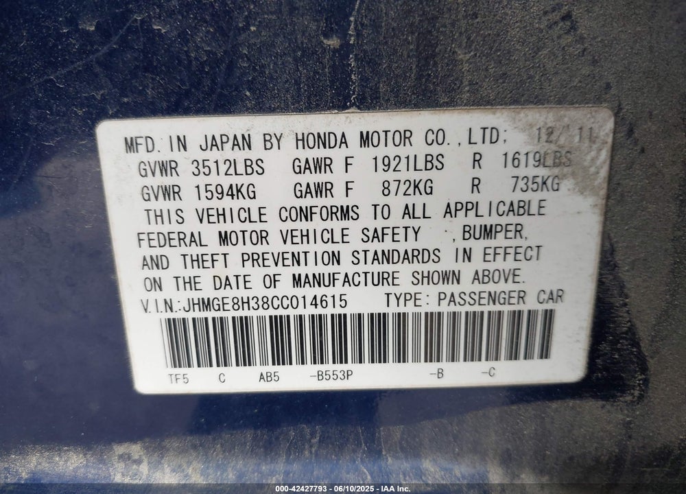 2012 HONDA FIT VIN: JHMGE8H38CC014615