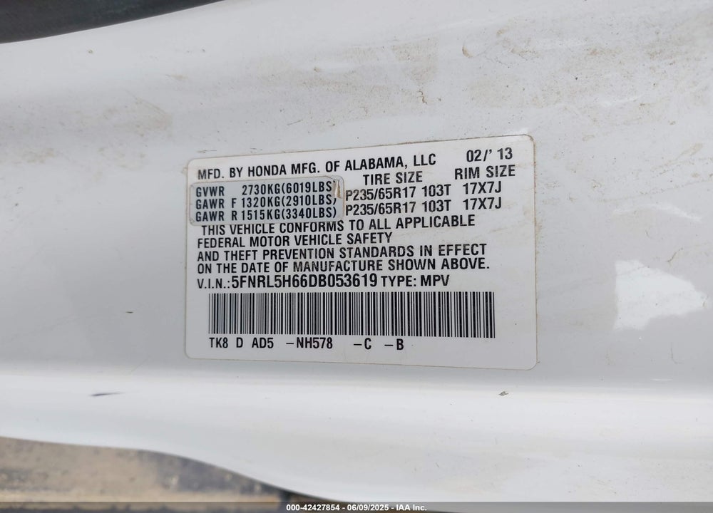 2013 HONDA ODYSSEY EX-L VIN: 5FNRL5H66DB053619