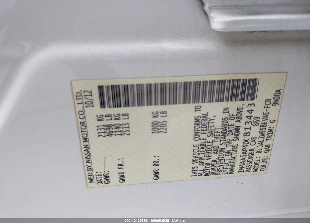 2013 NISSAN MAXIMA VIN: 1N4AA5AP4DC813443