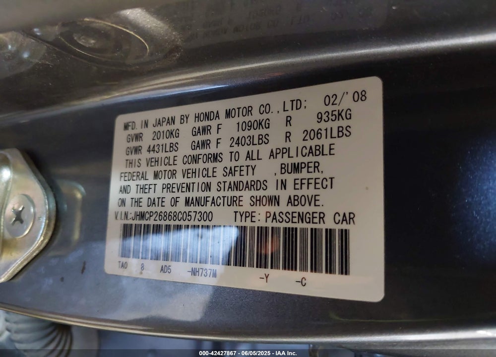2008 HONDA ACCORD VIN: JHMCP26868C057300