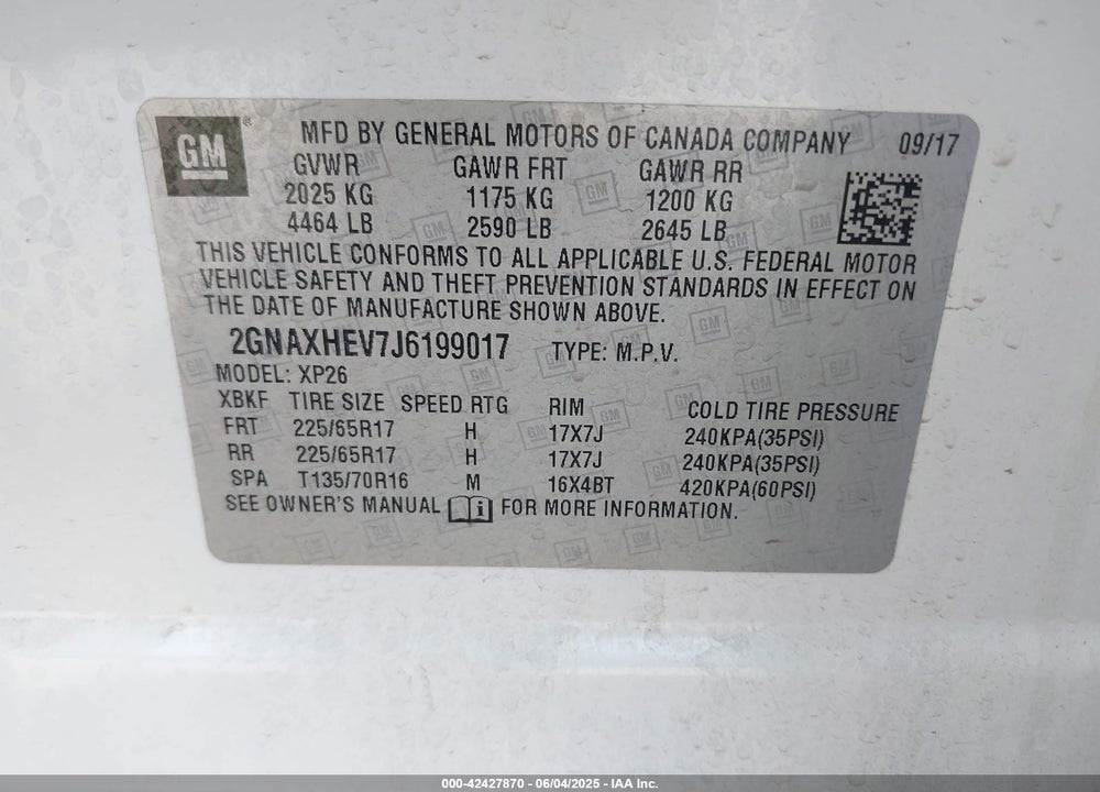 2018 CHEVROLET EQUINOX VIN: 2GNAXHEV7J6199017