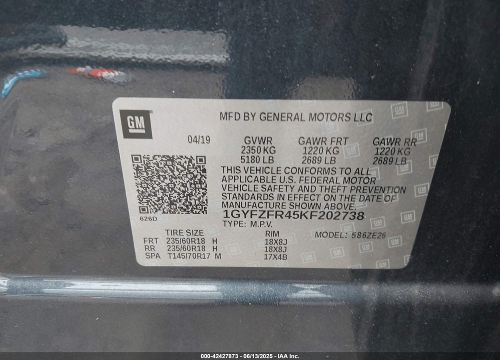 2019 CADILLAC XT4 VIN: 1GYFZFR45KF202738