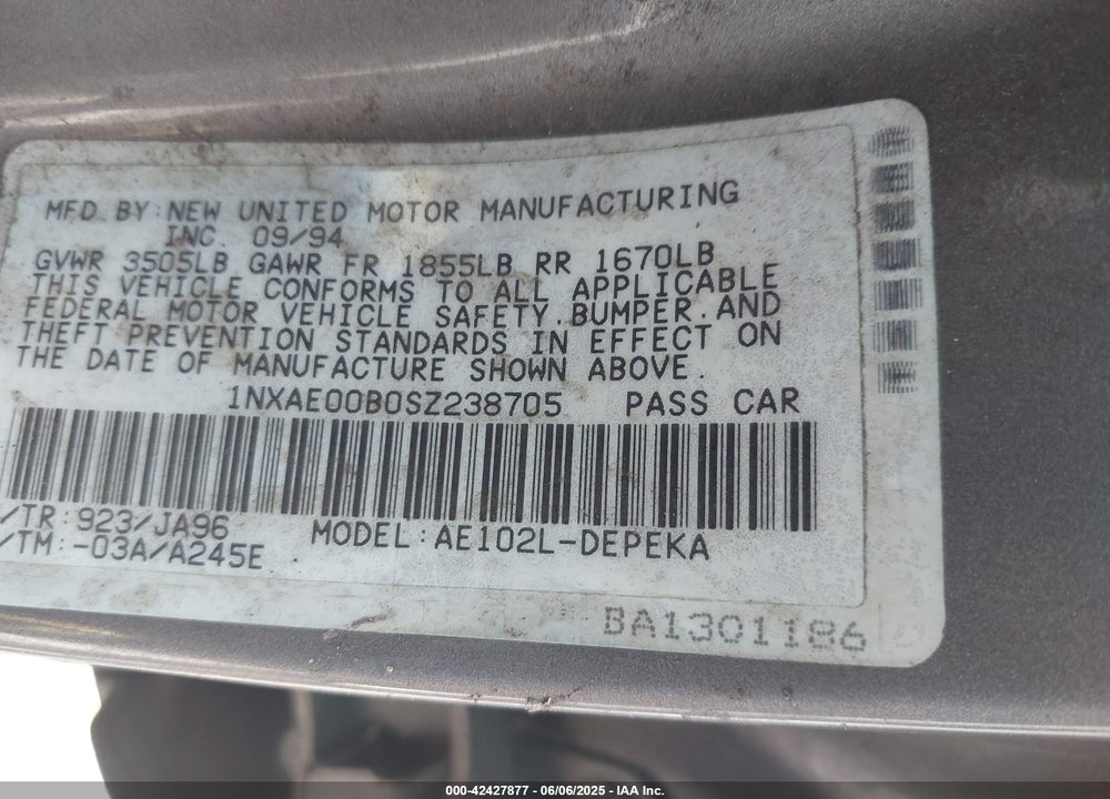 1995 TOYOTA COROLLA VIN: 1NXAE00B0SZ238705