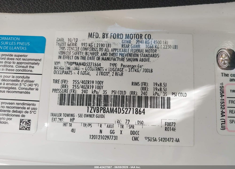 2013 FORD MUSTANG V6 PREMIUM VIN: 1ZVBP8AM4D5271864