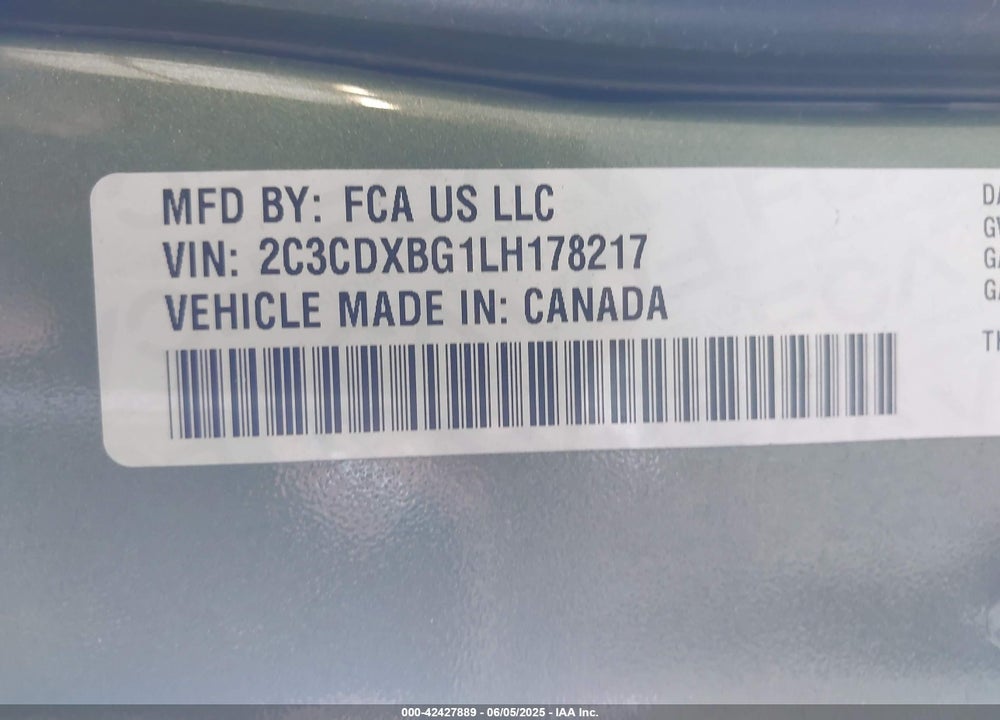2020 DODGE CHARGER VIN: 2C3CDXBG1LH178217
