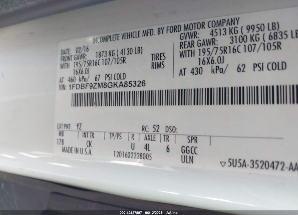 2016 FORD TRANSIT-350 CAB VIN: 1FDBF9ZM8GKA85326