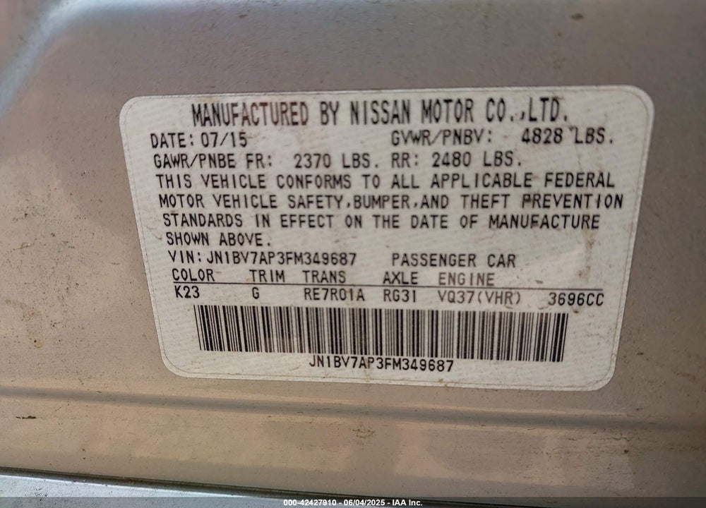 2015 INFINITI Q50 PREMIUM VIN: JN1BV7AP3FM349687