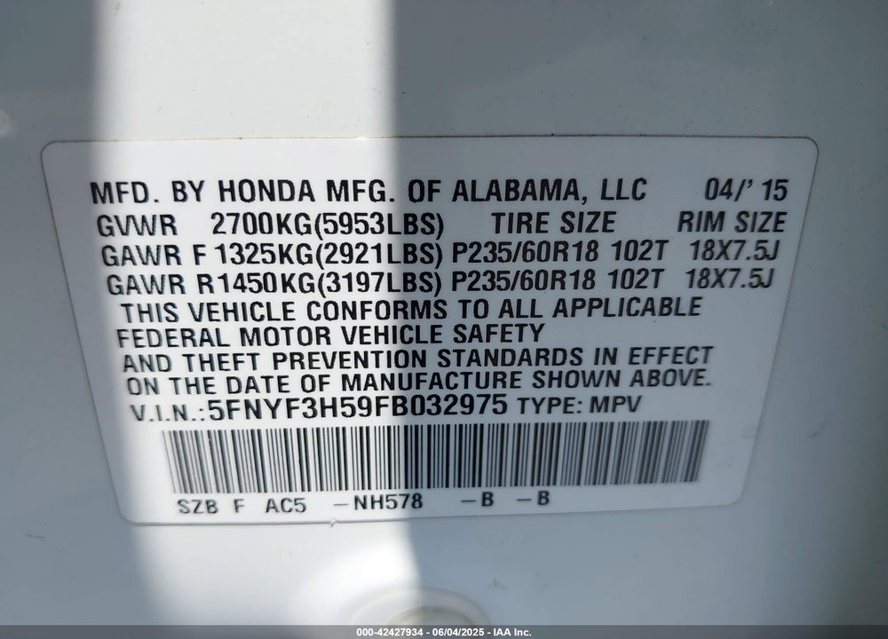 2015 HONDA PILOT VIN: 5FNYF3H59FB032975