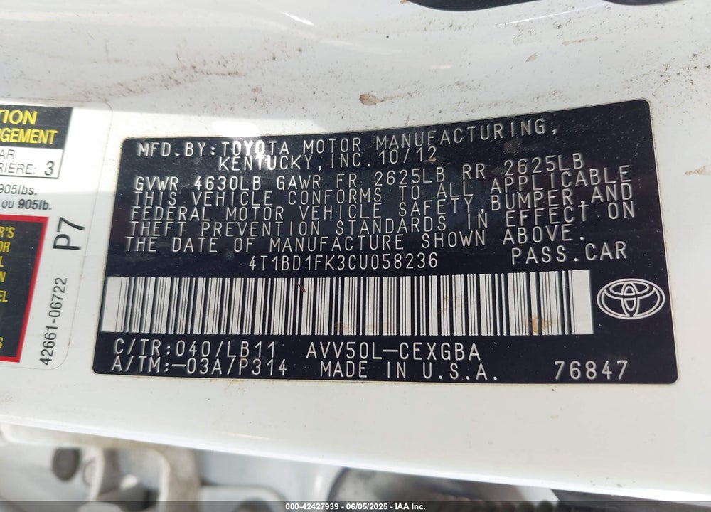 2012 TOYOTA CAMRY HYBRID VIN: 4T1BD1FK3CU058236