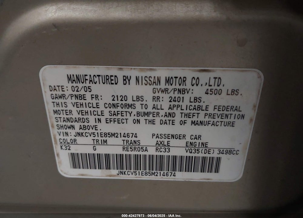 2005 INFINITI G35 VIN: JNKCV51E85M214674