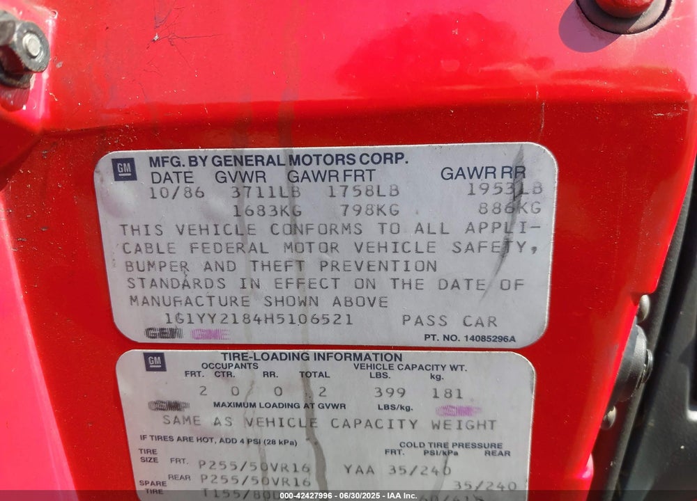 1987 CHEVROLET CORVETTE VIN: 1G1YY2184H5106521