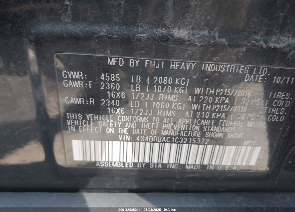 2012 SUBARU OUTBACK 2.5I VIN: 4S4BRBAC1C3215372