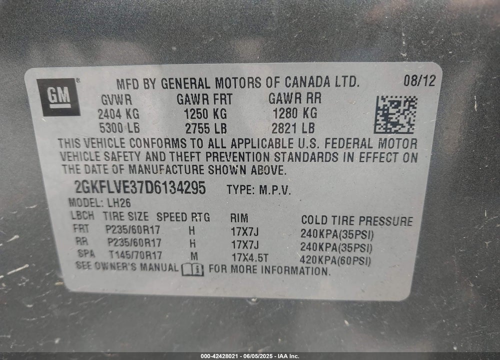 2013 GMC TERRAIN VIN: 2GKFLVE37D6134295