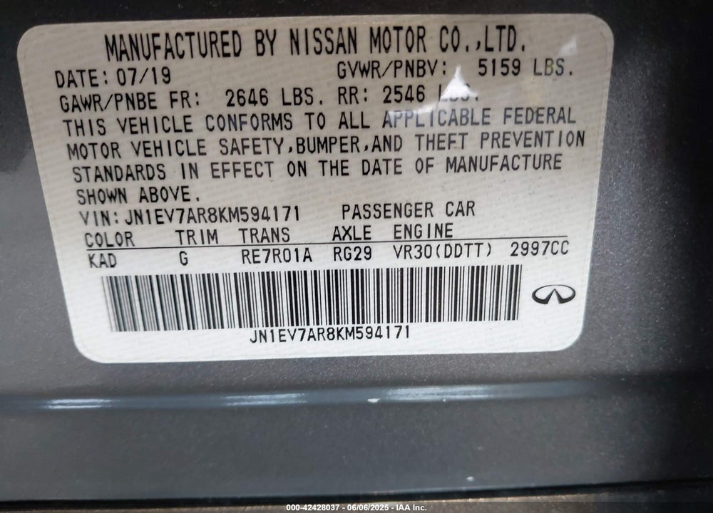 2019 INFINITI Q50 VIN: JN1EV7AR8KM594171