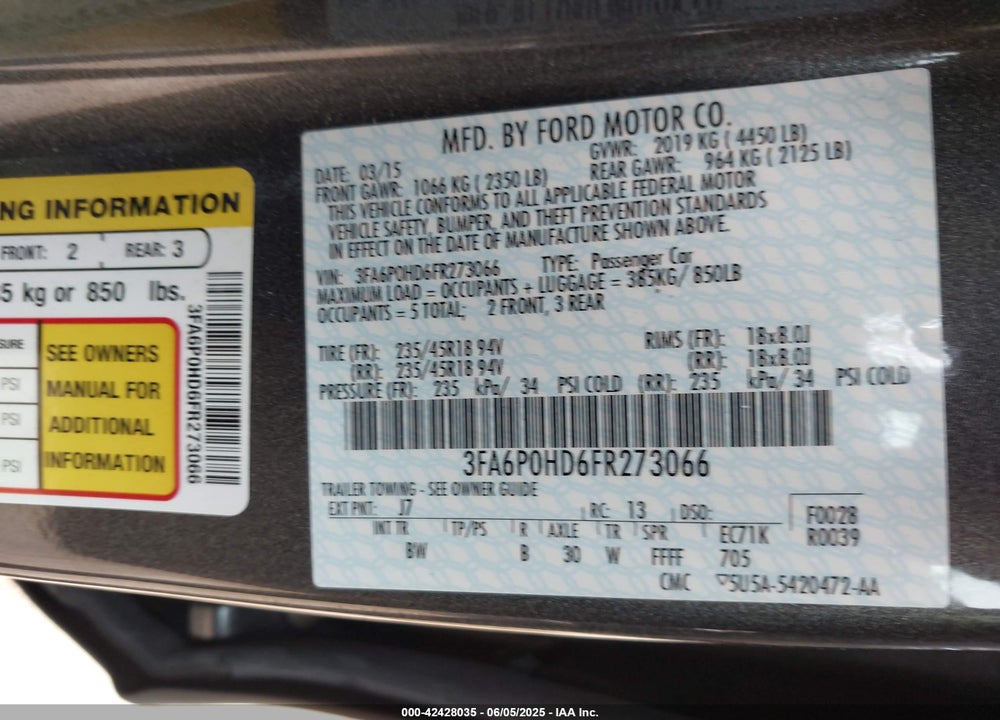 2015 FORD FUSION SE VIN: 3FA6P0HD6FR273066