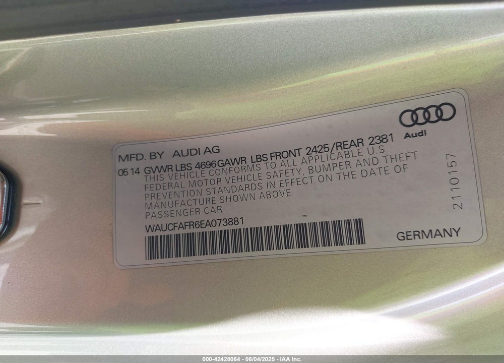 2014 AUDI A5 VIN: WAUCFAFR6EA073881