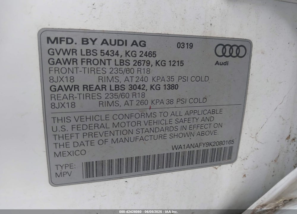 2019 AUDI Q5 45 PREMIUM VIN: WA1ANAFY9K2080165