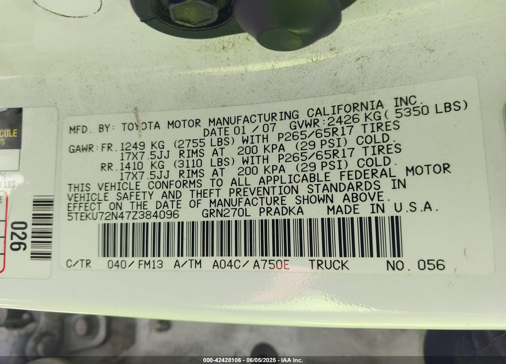 2007 TOYOTA TACOMA VIN: 5TEKU72N47Z384096