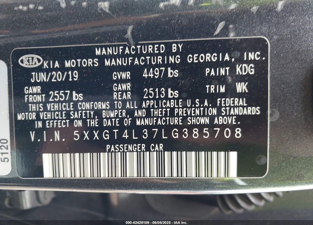 2020 KIA OPTIMA VIN: 5XXGT4L37LG385708