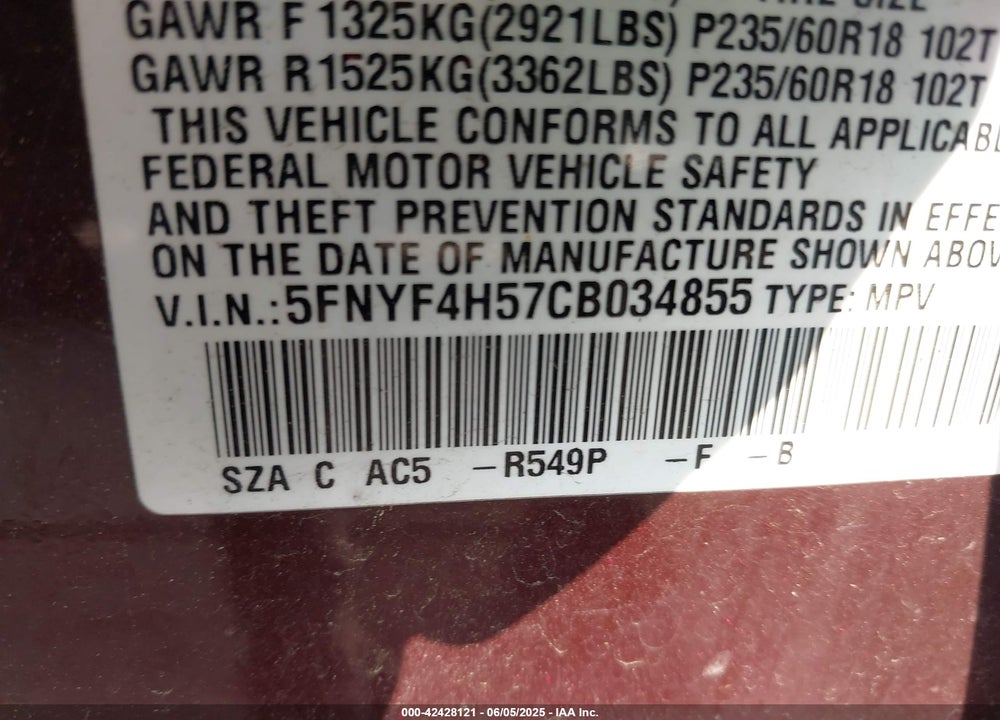 2012 HONDA PILOT VIN: 5FNYF4H57CB034855