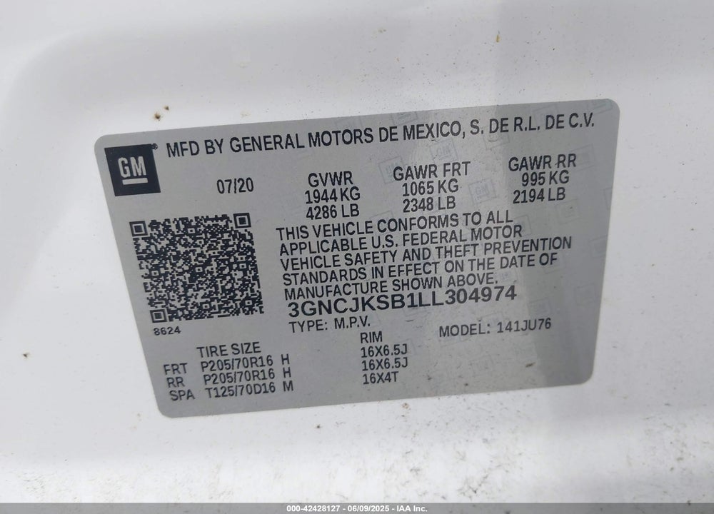 2020 CHEVROLET TRAX FWD LS VIN: 3GNCJKSB1LL304974
