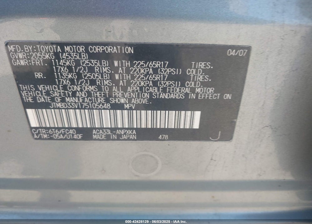 2007 TOYOTA RAV4 VIN: JTMBD33V175105648