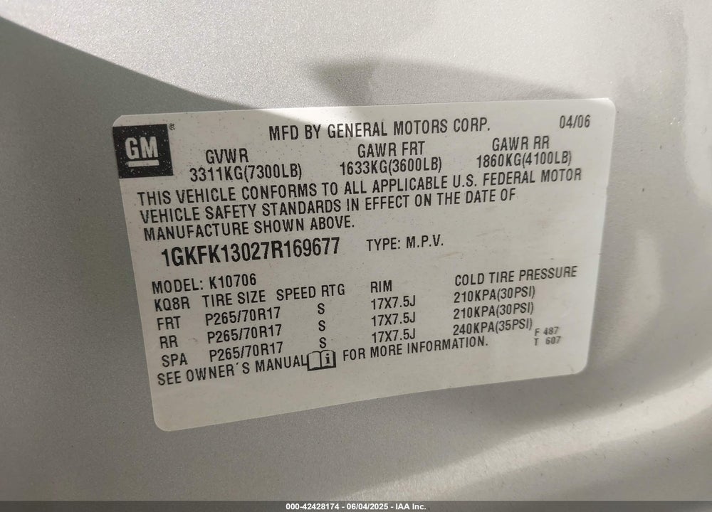 2007 GMC YUKON SLT VIN: 1GKFK13027R169677