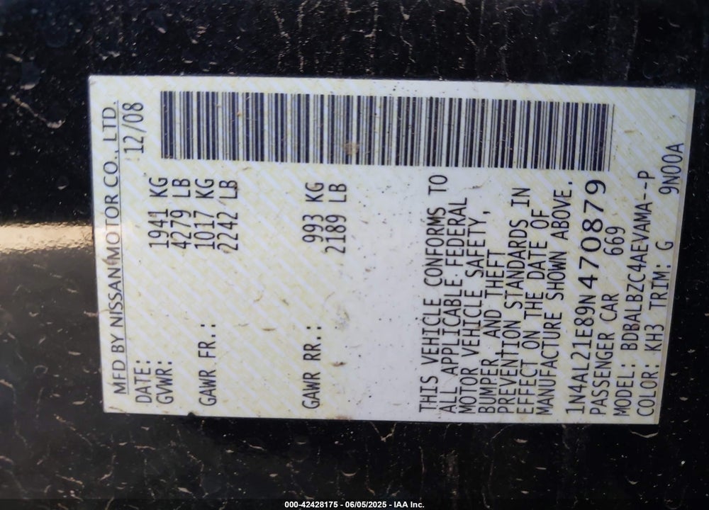 2009 NISSAN ALTIMA VIN: 1N4AL21E89N470879