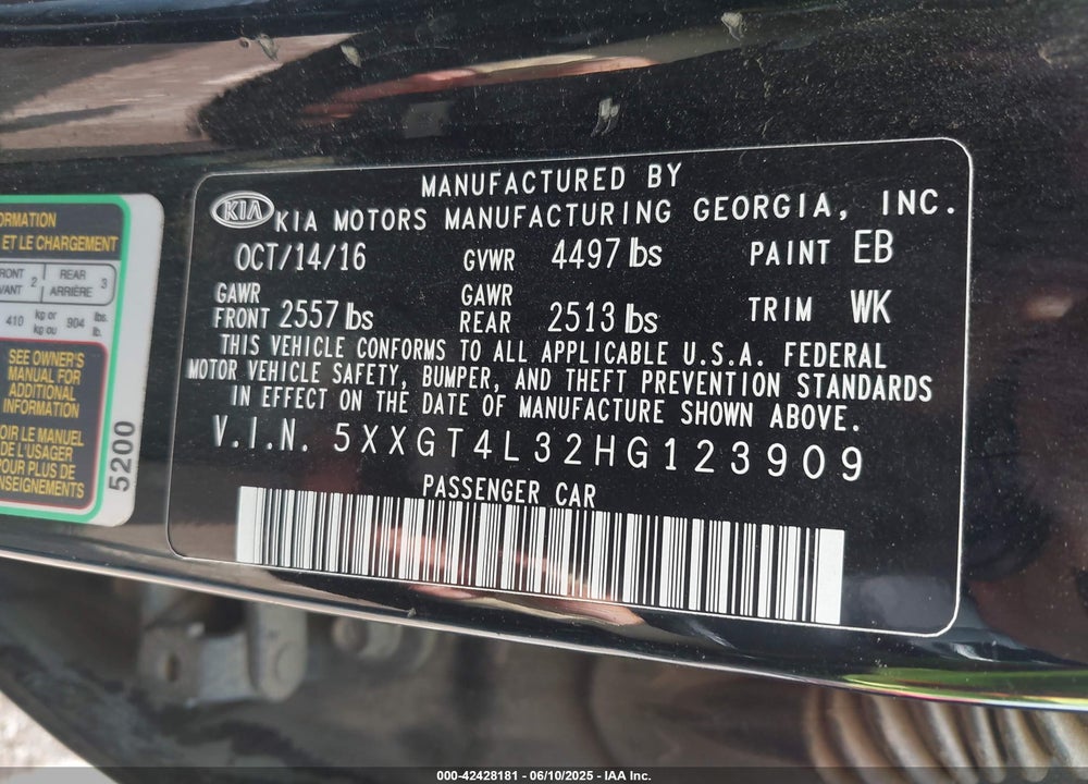 2017 KIA OPTIMA LX VIN: 5XXGT4L32HG123909