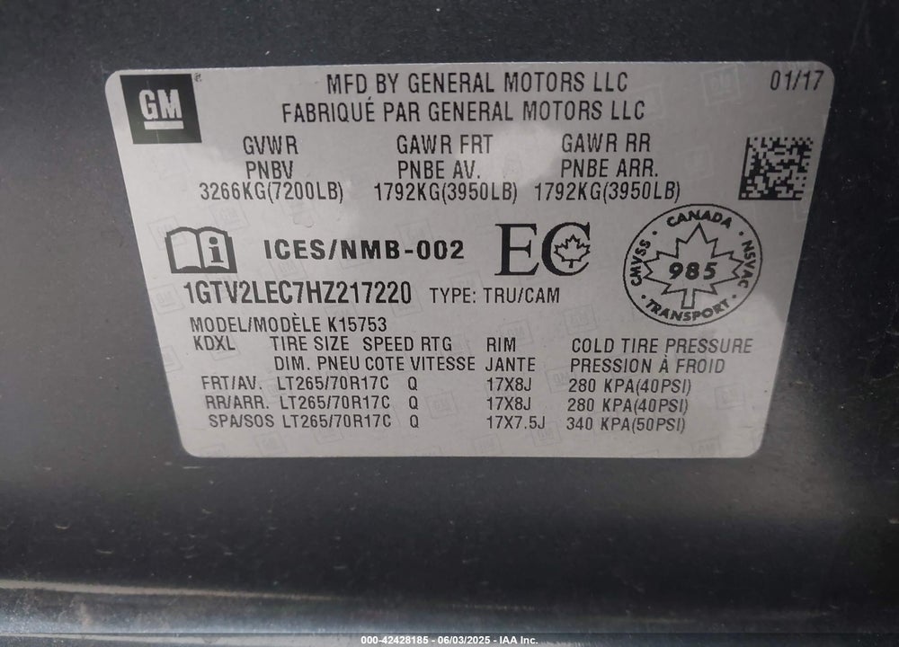 2017 GMC SIERRA 1500 VIN: 1GTV2LEC7HZ217220