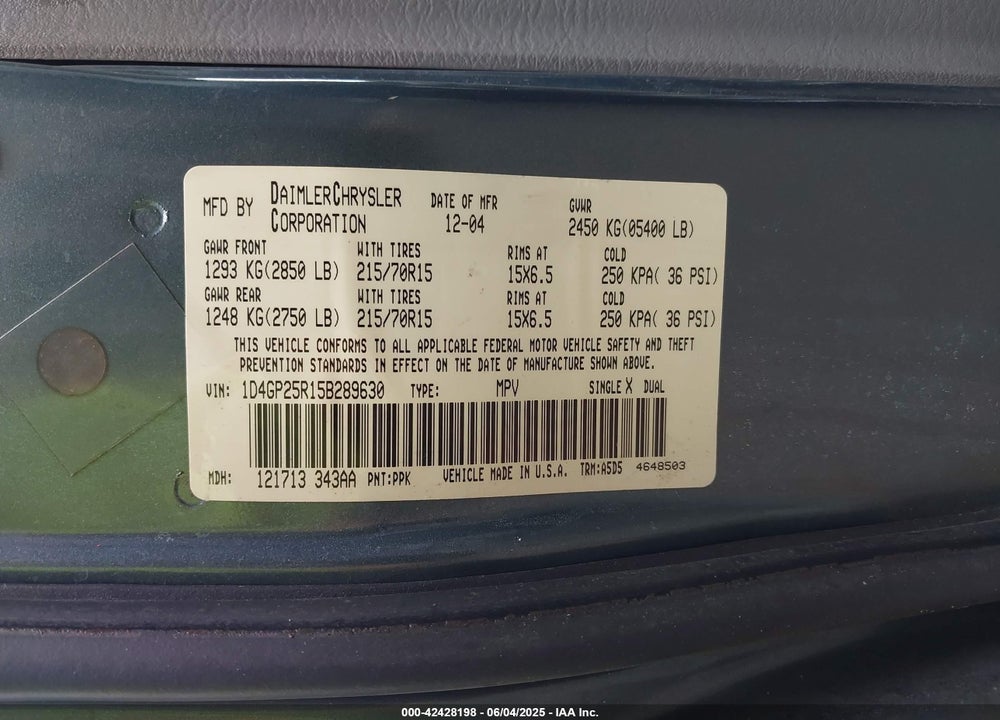 2005 DODGE CARAVAN SE VIN: 1D4GP25R15B289630