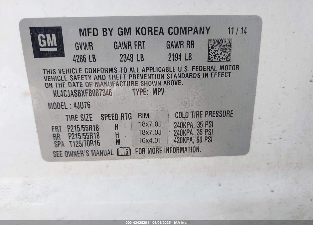 2015 BUICK ENCORE VIN: KL4CJASBXFB087346