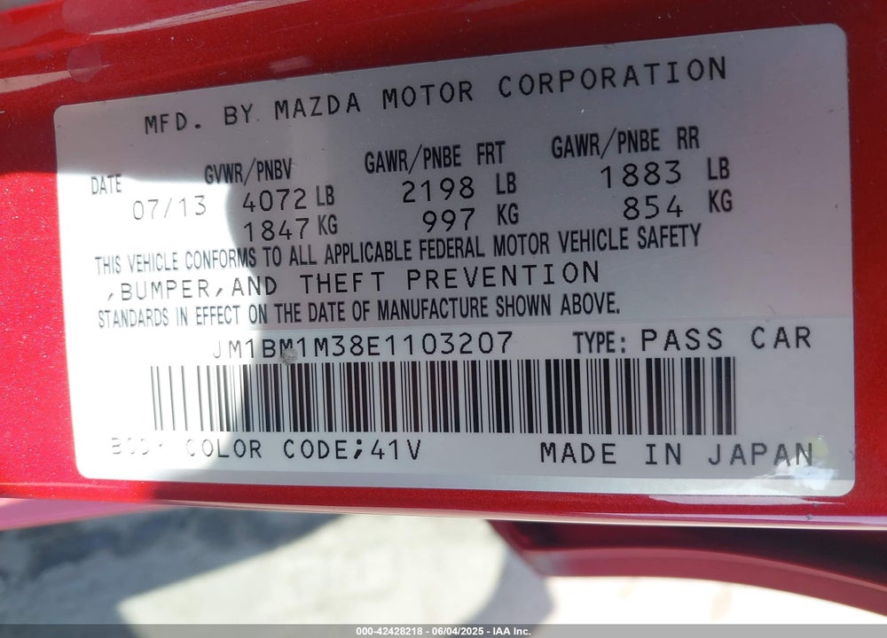 2014 MAZDA 3 VIN: JM1BM1M38E1103207