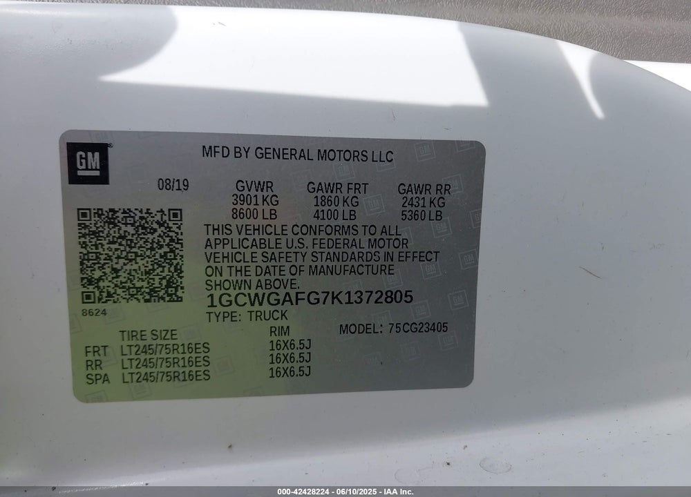 2019 CHEVROLET EXPRESS 2500 WORK VAN VIN: 1GCWGAFG7K1372805
