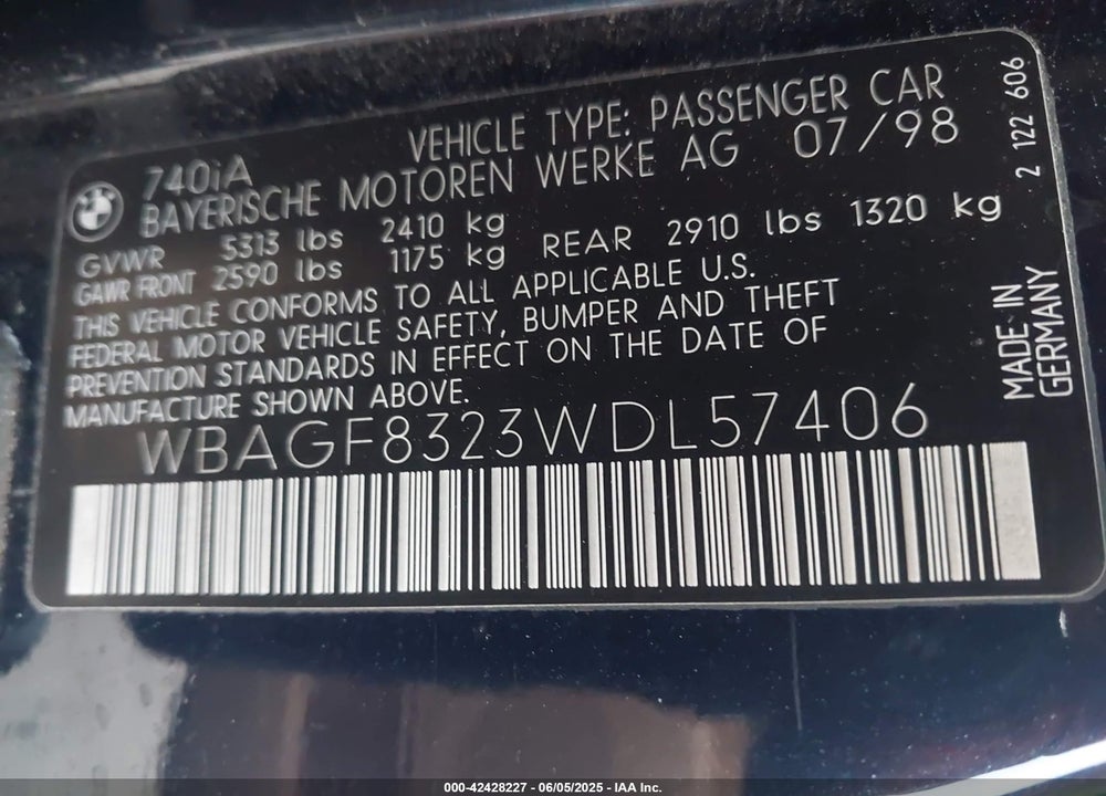 1998 BMW 740IA VIN: WBAGF8323WDL57406